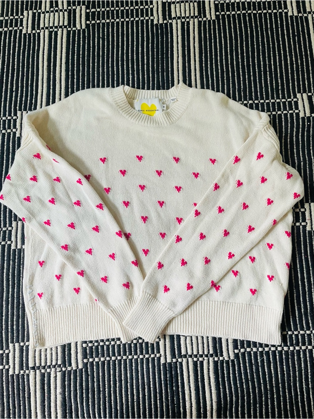 Heart-Pattern Cream Crewneck Sweater with Hot Pink Motif